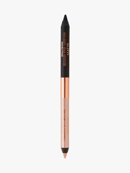 Charlotte Tilbury Matte & Metallic Double Ended Eyeliner black and neutral shimmery eye shadow palette on light gray background