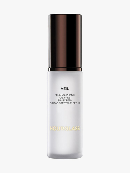 Hourglass Veil Mineral Primer glass bottle with brown cap on light grey background